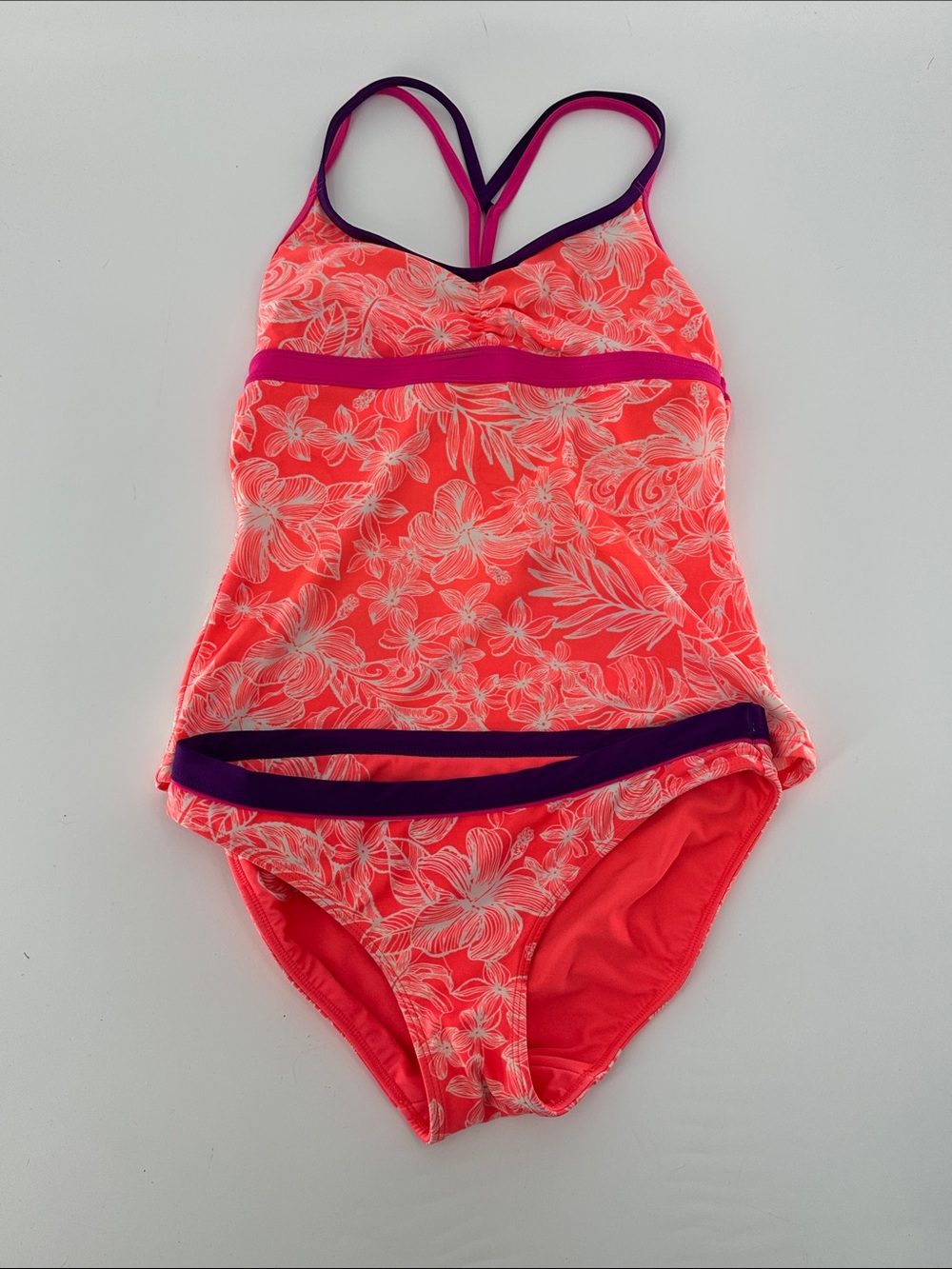 Athleta Coral Floral Girls' Tankini & Bottom Swimsuit with Purple Trim